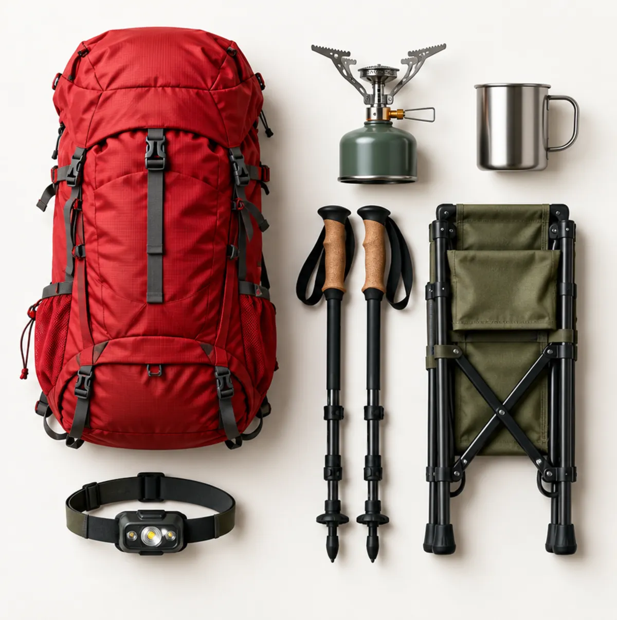 A red trekking backpack, compact stove, steel mug, trekking poles, camp chair and headlamp laid out