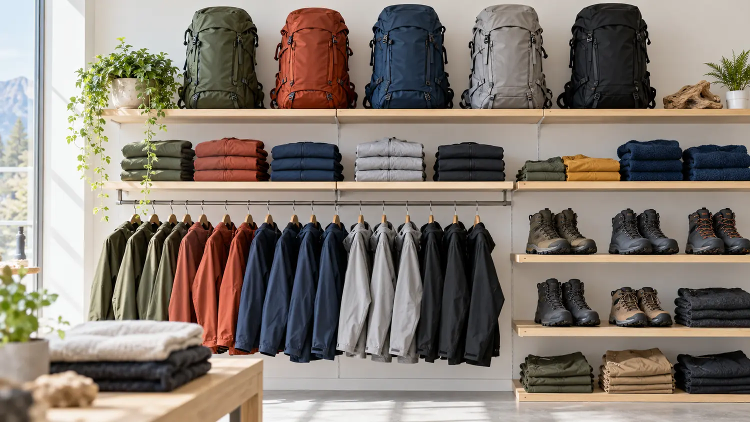 Shelves of backpacks, jackets and boots in a bright store
