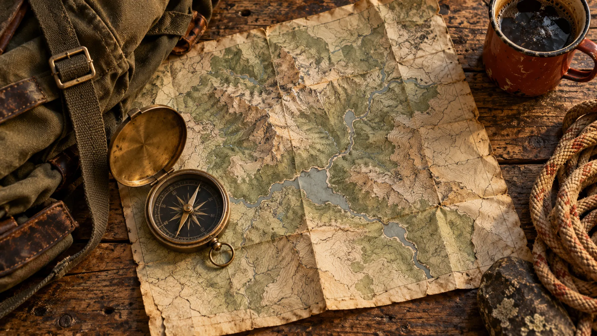 Topographic map with a brass compass, rope and enamel mug on a wooden table
